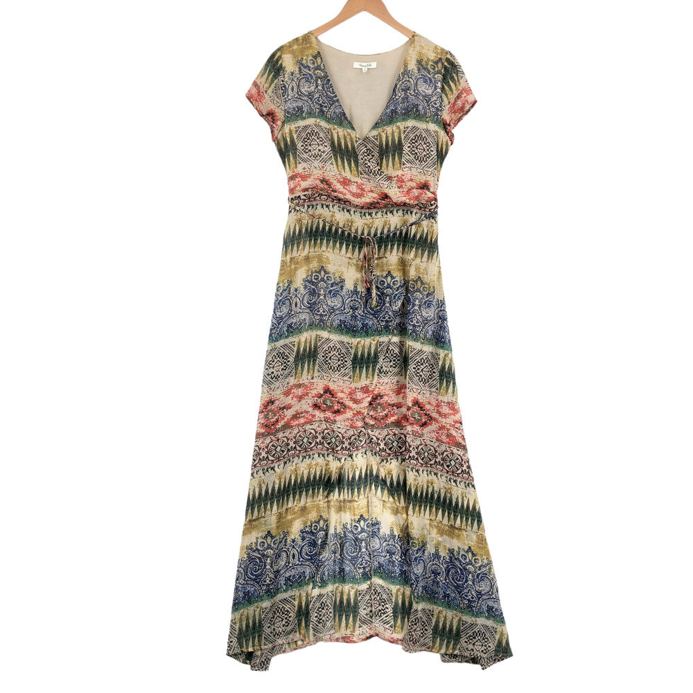HONEY Belle Maxi Shift Dress Womens Medium Multi Geo Cap Sleeve V Neck Side Zip